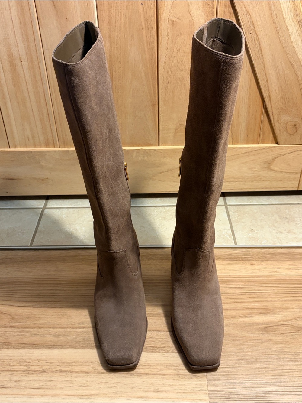 Vince Camuto Sangeti2 Taupe Suede Tall Boots Square Toe Block Heel 10M